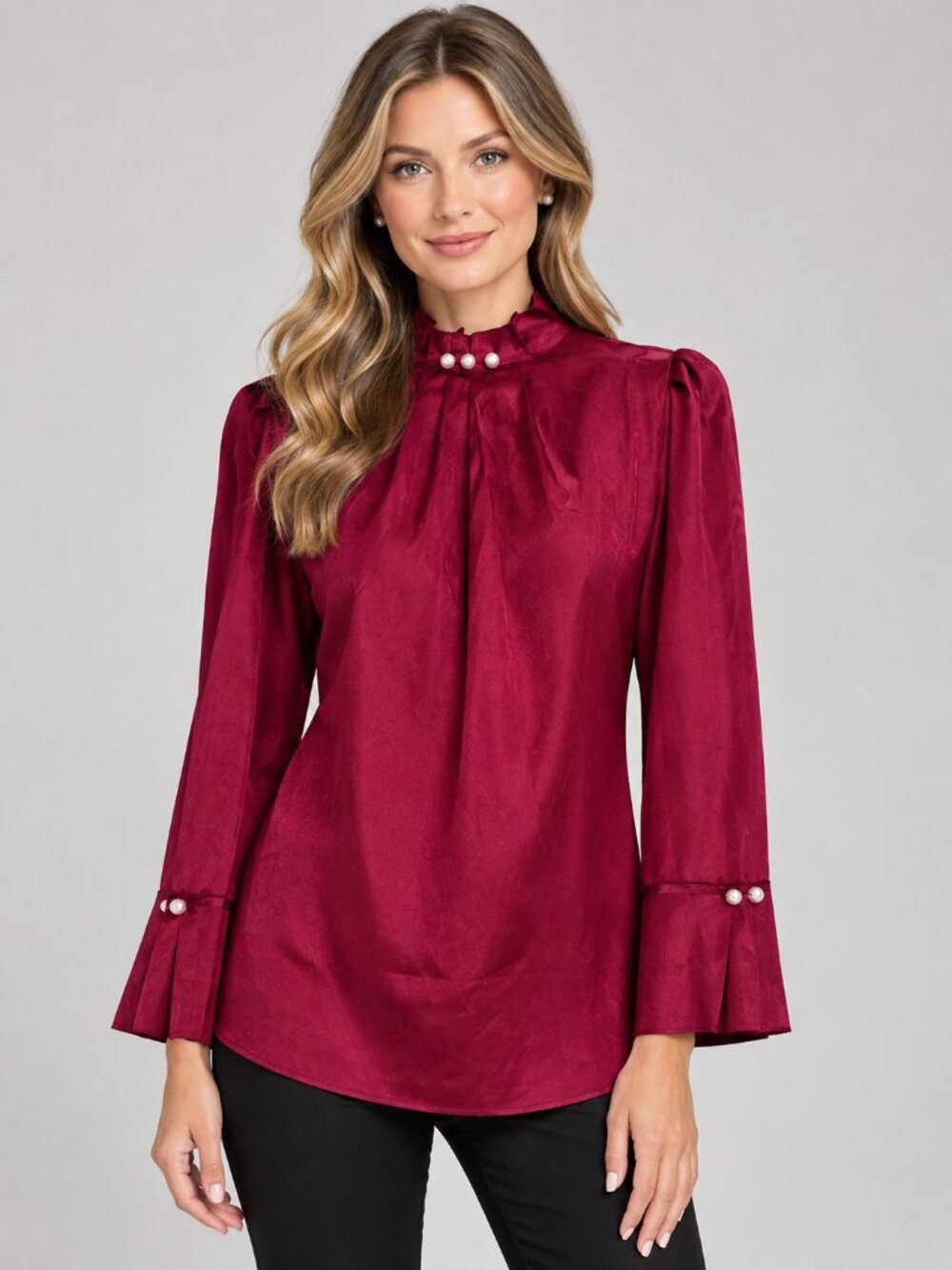 Pearl Accented Burgundy Satiny Blouse Large